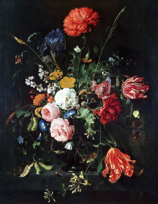 Flowers in a Glass Vase by de Heem: red poppies, a striped tulip, roses and blue flowers in a glass vase on a dark ground