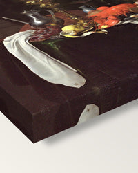 A Banqueting Scene by Jan Davidsz. de Heem on stretched canvas, corner close-up: the painting mirror-wrapped round the sides