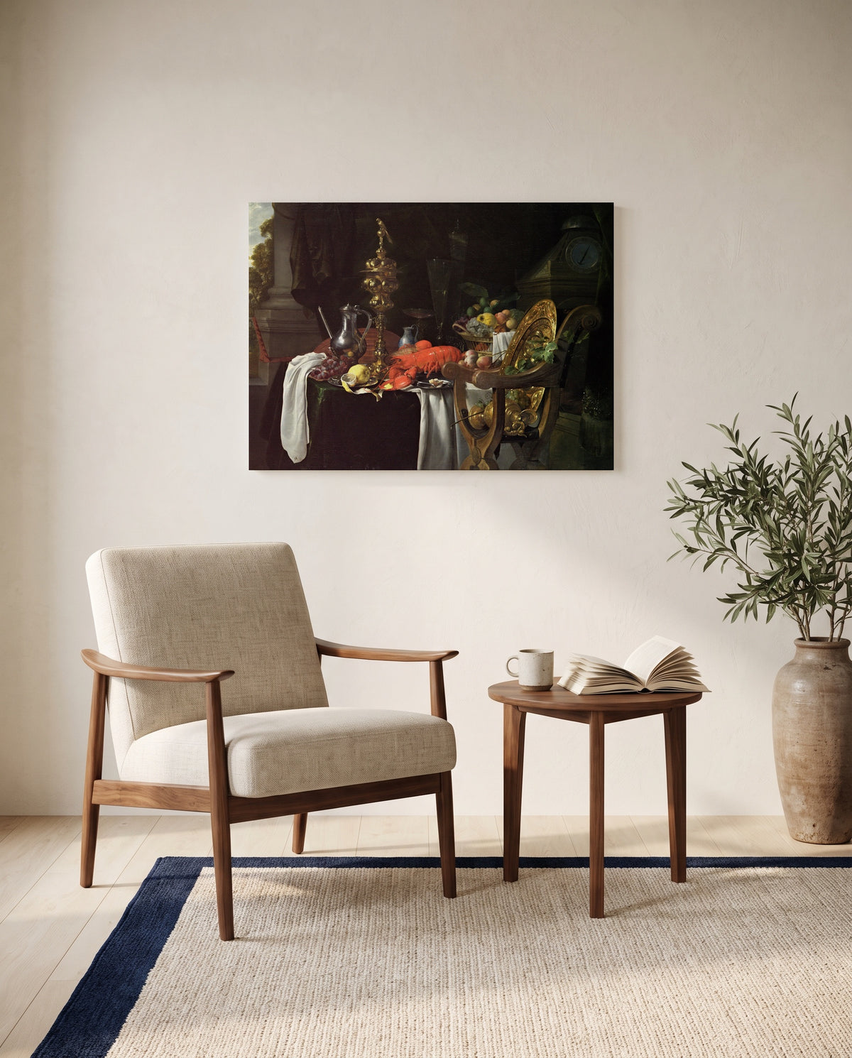 A Banqueting Scene by Jan Davidsz. de Heem as a stretched canvas above a linen lounge chair in a reading corner