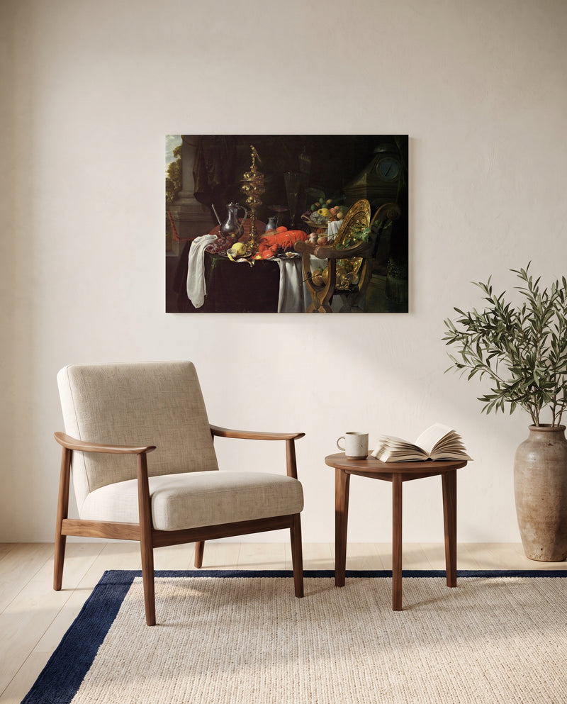 A Banqueting Scene by Jan Davidsz. de Heem as a stretched canvas above a linen lounge chair in a reading corner