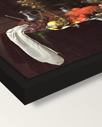 A Banqueting Scene by de Heem framed canvas, corner close-up: a black floating frame with a shadow gap round the canvas