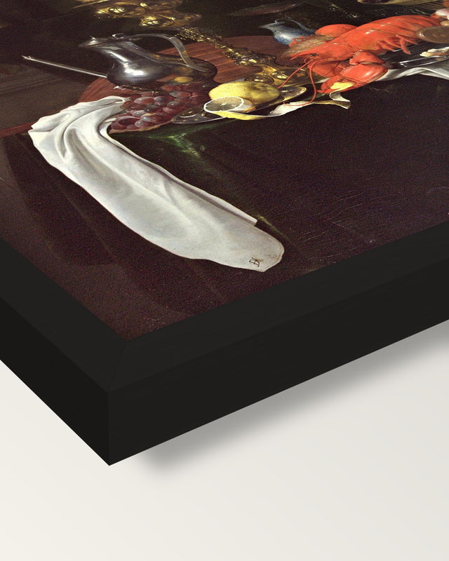 A Banqueting Scene by de Heem framed print, corner close-up: black moulding, mitred, the print set just below its edge