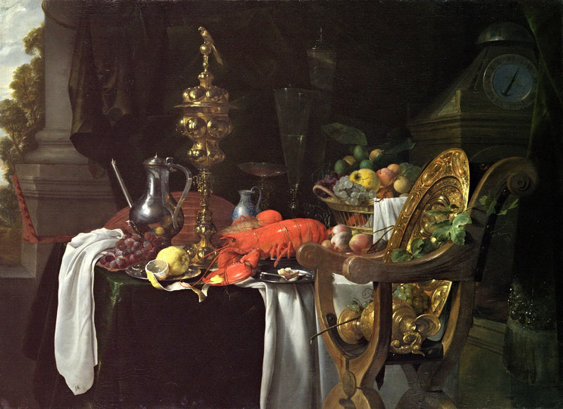 A Banqueting Scene by de Heem: a red lobster, a tall gilt cup, a silver ewer, fruit and a white napkin on a dark table
