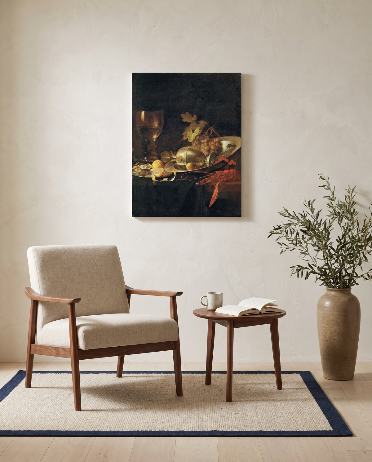 Roemer and a Lobster by Jan Davidsz. de Heem as a stretched canvas above a linen lounge chair in a reading corner