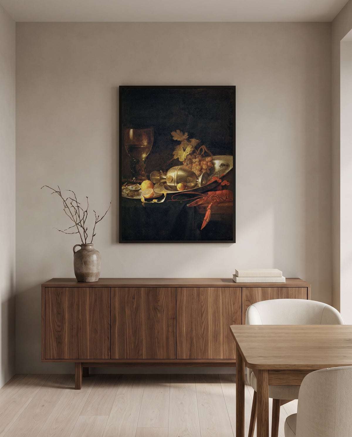 Roemer and a Lobster by Jan Davidsz. de Heem in a black frame above a walnut sideboard in a dining room