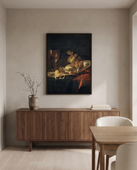 Roemer and a Lobster by Jan Davidsz. de Heem in a black frame above a walnut sideboard in a dining room