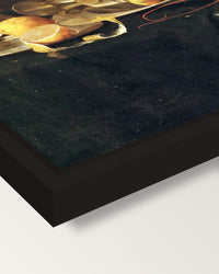 Roemer and a Lobster by de Heem framed canvas, corner close-up: a black floating frame with a shadow gap round the canvas