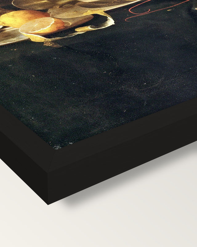 Roemer and a Lobster by de Heem framed print, corner close-up: black moulding, mitred, the print set just below its edge