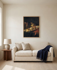 Roemer and a Lobster by Jan Davidsz. de Heem framed in natural oak above a cream sofa in a warm living room