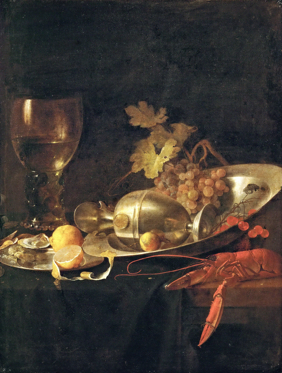Breakfast Still Life by de Heem: a tall wine glass, a fallen gilt jug, grapes, a lemon and a red lobster on a dark table