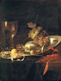 Breakfast Still Life by de Heem: a tall wine glass, a fallen gilt jug, grapes, a lemon and a red lobster on a dark table