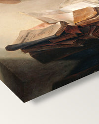 Still Life with Books by de Heem on stretched canvas, corner close-up: the painting mirror-wrapped round the sides