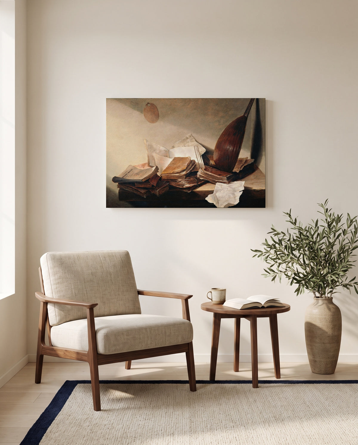 Still Life with Books by Jan Davidsz. de Heem as a stretched canvas above a linen lounge chair in a reading corner