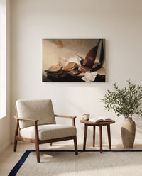 Still Life with Books by Jan Davidsz. de Heem as a stretched canvas above a linen lounge chair in a reading corner