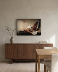 Still Life with Books by Jan Davidsz. de Heem in a black frame above a walnut sideboard in a dining room