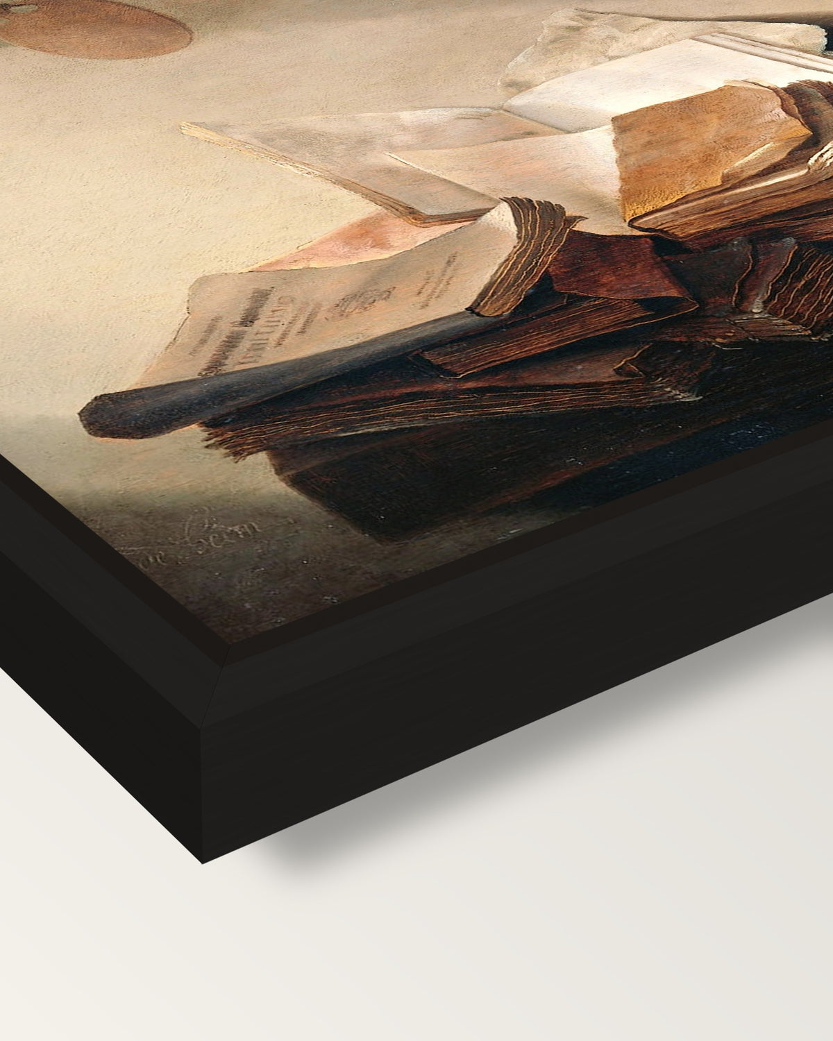 Still Life with Books by de Heem framed canvas, corner close-up: a black floating frame with a shadow gap round the canvas