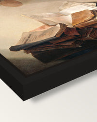 Still Life with Books by de Heem framed canvas, corner close-up: a black floating frame with a shadow gap round the canvas
