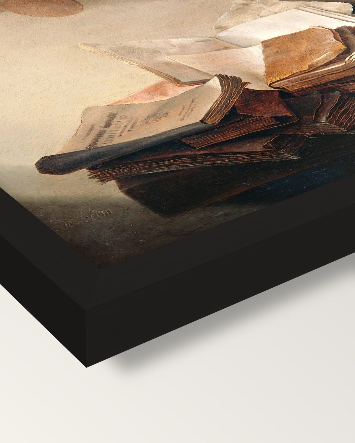 Still Life with Books by de Heem framed print, corner close-up: black moulding, mitred, the print set just below its edge