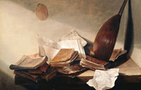 Still Life with Books by de Heem: a pile of worn books and loose papers on a table, a lute leaning against a plain wall