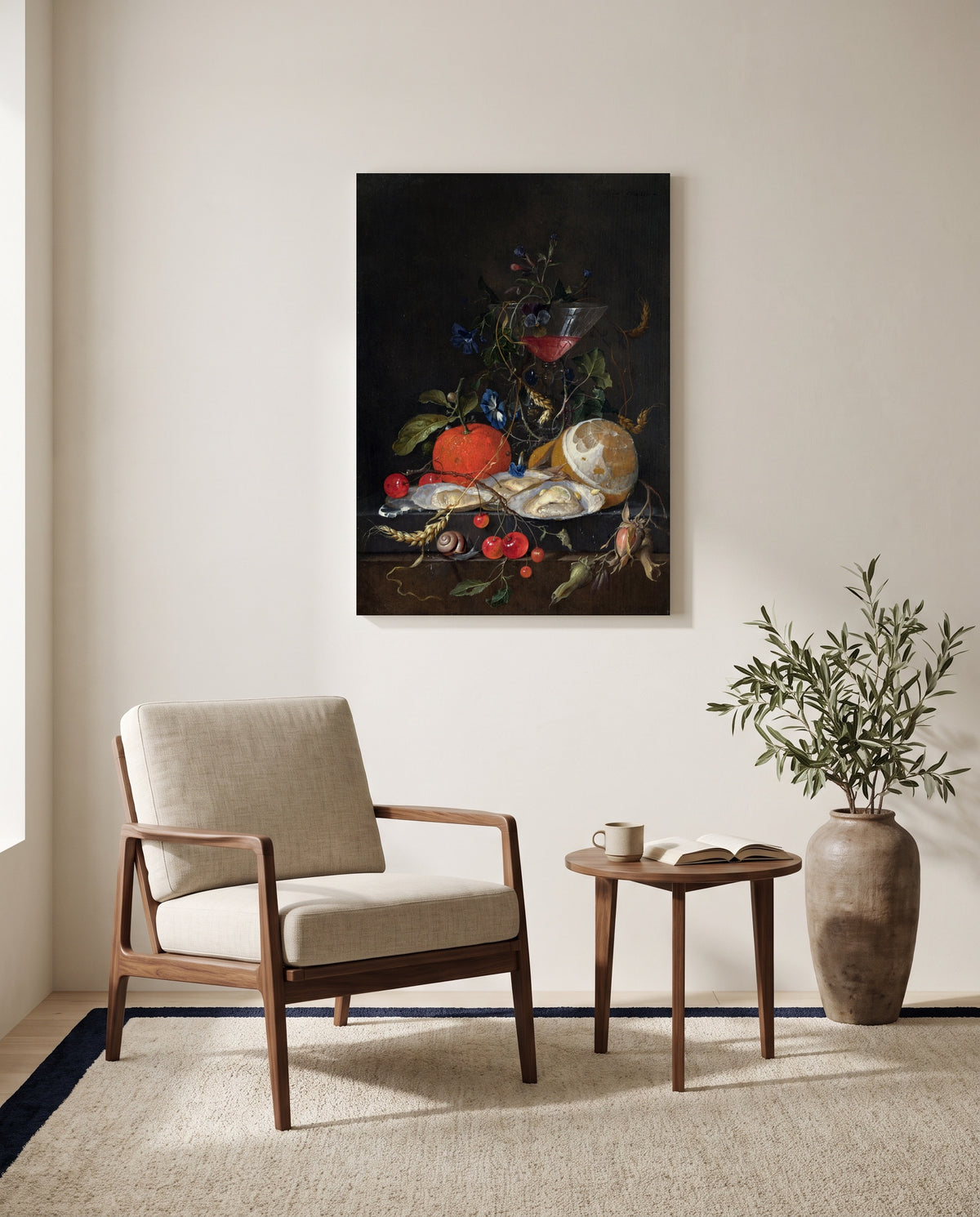 Oysters, Lemon and Wine by Jan Davidsz. de Heem as a stretched canvas above a linen lounge chair in a reading corner