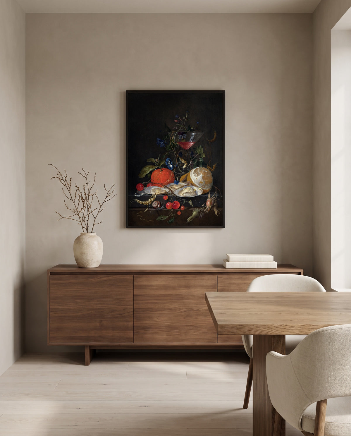 Oysters, Lemon and Wine by Jan Davidsz. de Heem in a black frame above a walnut sideboard in a dining room