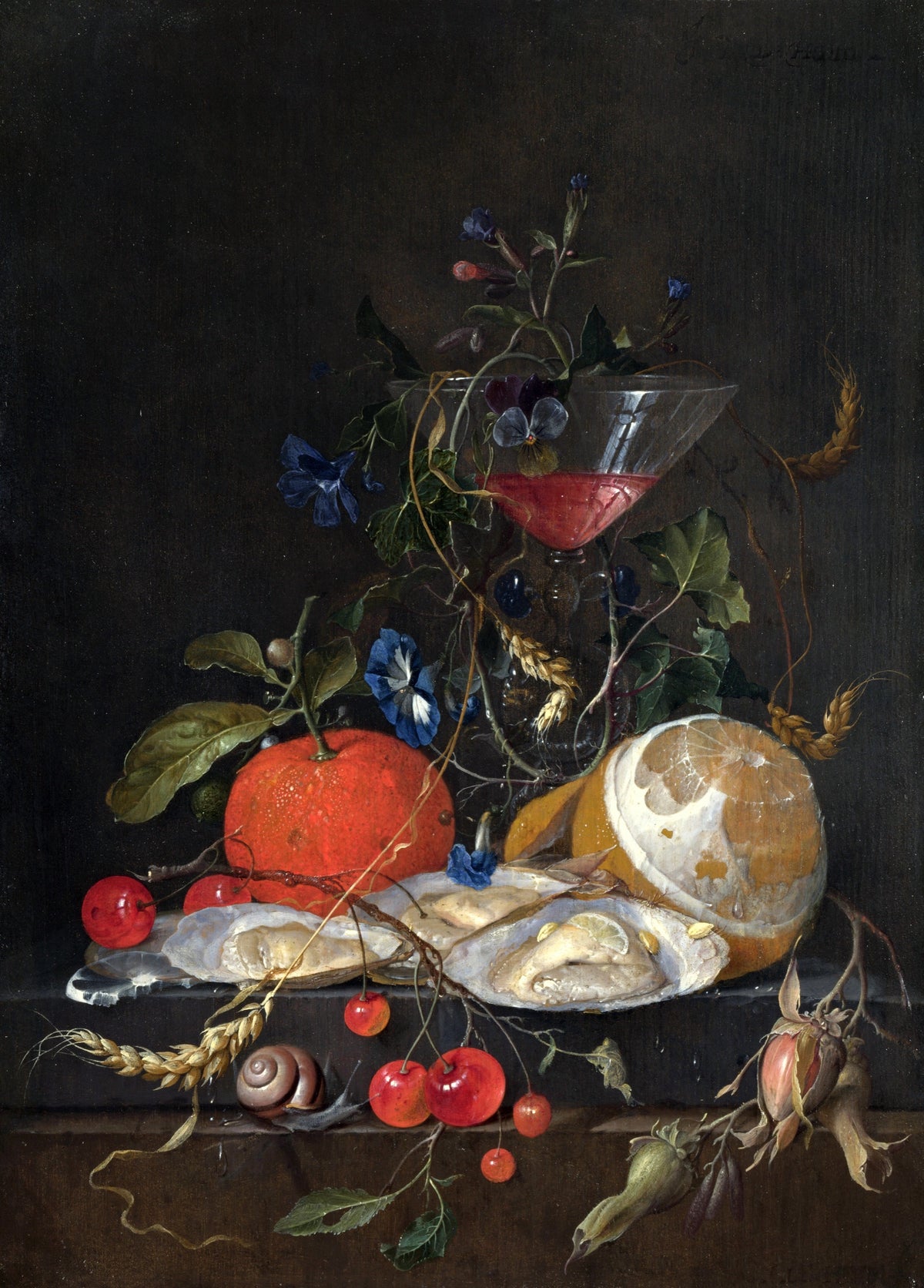 Still Life by Jan Davidsz. de Heem: oysters, a peeled lemon, an orange, cherries and a glass of red wine, blue flowers