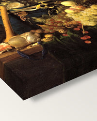 Fruit and a Jewellery Box by de Heem on stretched canvas, corner close-up: the painting mirror-wrapped round the sides