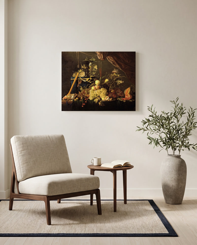 Fruit and a Jewellery Box by Jan Davidsz. de Heem as a stretched canvas above a linen lounge chair in a reading corner