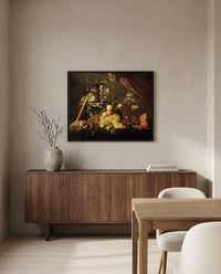 Fruit and a Jewellery Box by Jan Davidsz. de Heem in a black frame above a walnut sideboard in a dining room