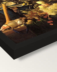 Fruit and a Jewellery Box by de Heem framed print, corner close-up: black moulding, mitred, the print set just below its edge