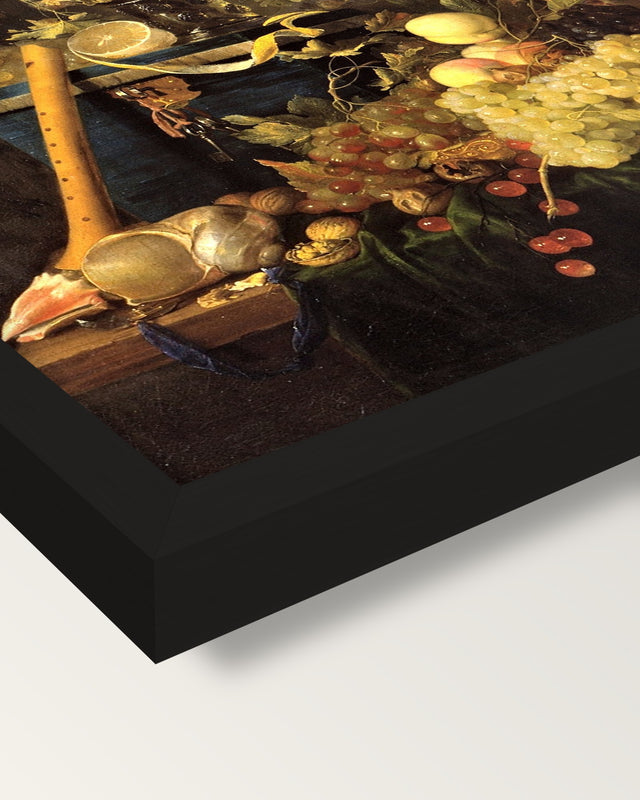 Fruit and a Jewellery Box by de Heem framed print, corner close-up: black moulding, mitred, the print set just below its edge
