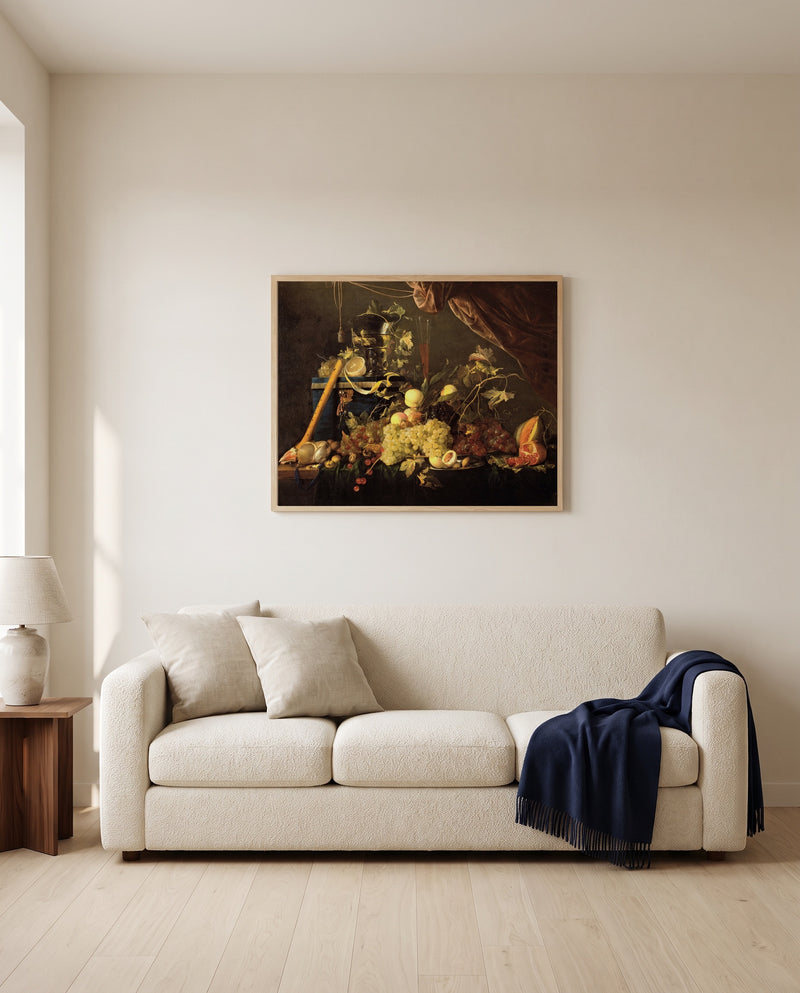 Fruit and a Jewellery Box by Jan Davidsz. de Heem framed in natural oak above a cream sofa in a warm living room