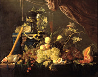 Fruit Still Life by de Heem: grapes, peaches, a pomegranate and a melon on a table, a blue jewellery box and a red curtain