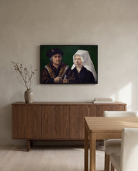 An Elderly Couple by Jan Gossaert in a black frame above a walnut sideboard in a dining room