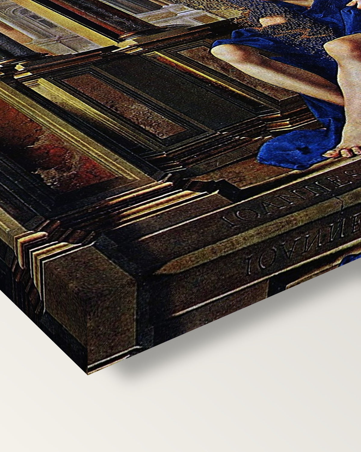 Danaë by Jan Gossaert on stretched canvas, corner close-up: the painting mirror-wrapped round the sides