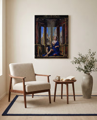 Danaë by Jan Gossaert as a stretched canvas above a linen lounge chair in a reading corner
