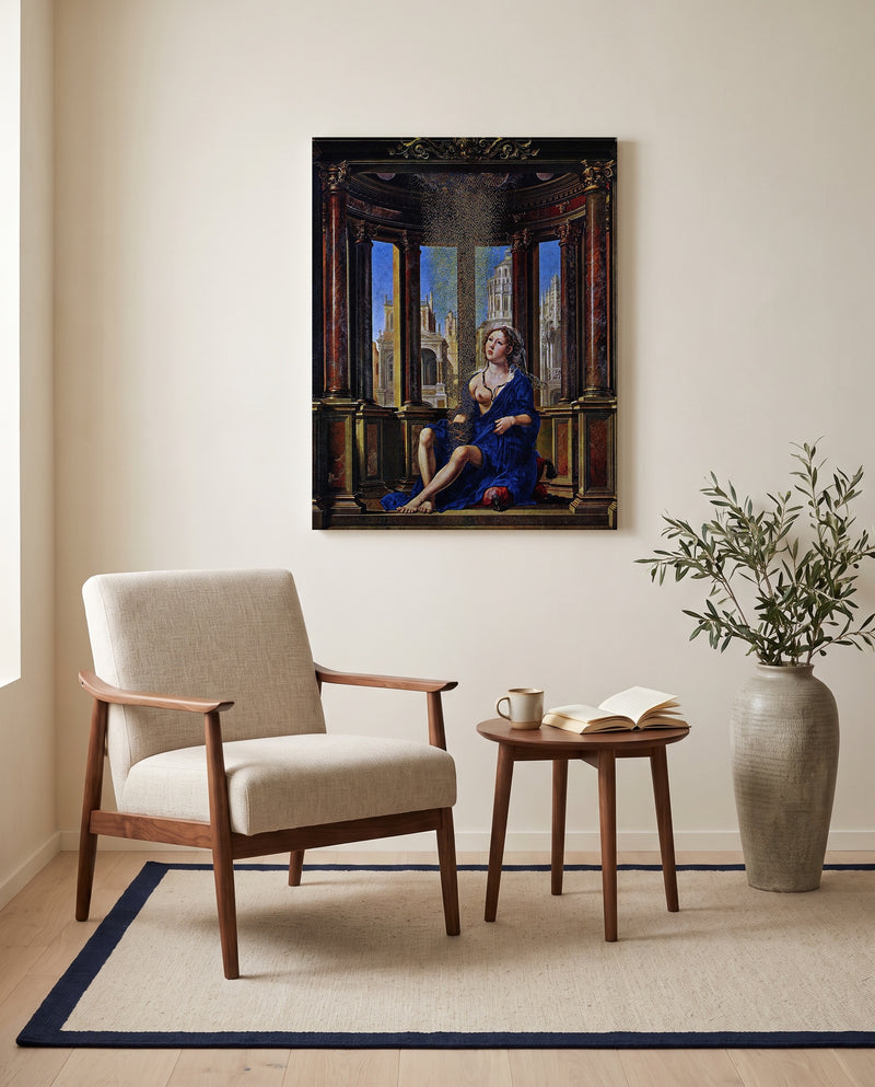 Danaë by Jan Gossaert as a stretched canvas above a linen lounge chair in a reading corner
