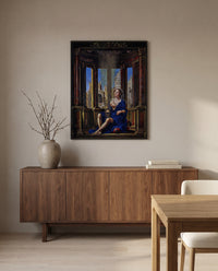 Danaë by Jan Gossaert in a black frame above a walnut sideboard in a dining room