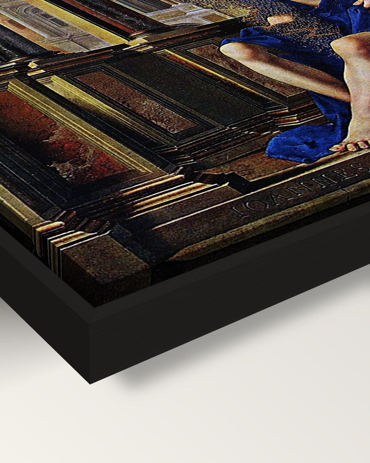 Danaë framed canvas, corner close-up: the canvas in a slim black floating frame, its painted edge in the shadow gap