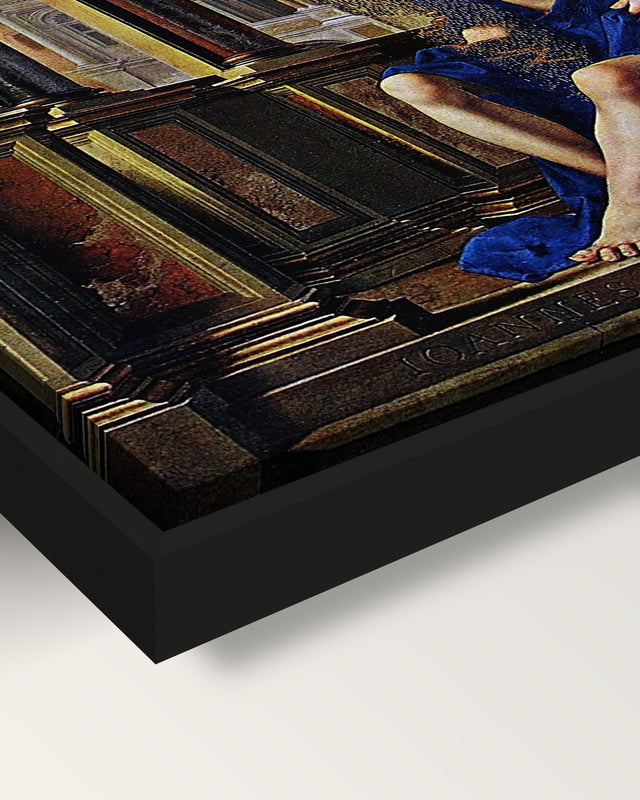 Danaë framed canvas, corner close-up: the canvas in a slim black floating frame, its painted edge in the shadow gap