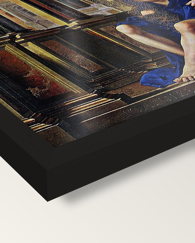 Danaë by Jan Gossaert framed print, corner close-up: black moulding, the print edge to edge behind plexiglass, no mat