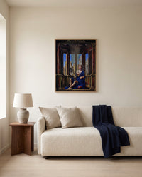 Danaë by Jan Gossaert framed in natural oak above a cream sofa in a warm living room