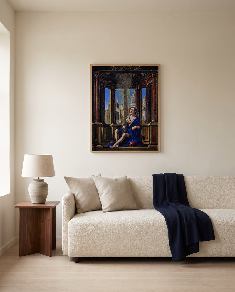 Danaë by Jan Gossaert framed in natural oak above a cream sofa in a warm living room