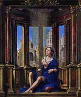Danaë by Jan Gossaert: a young woman in a blue robe sits in a round hall of columns as golden dust falls