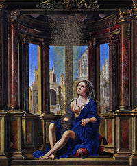 Danaë by Jan Gossaert: a young woman in a blue robe sits in a round hall of columns as golden dust falls