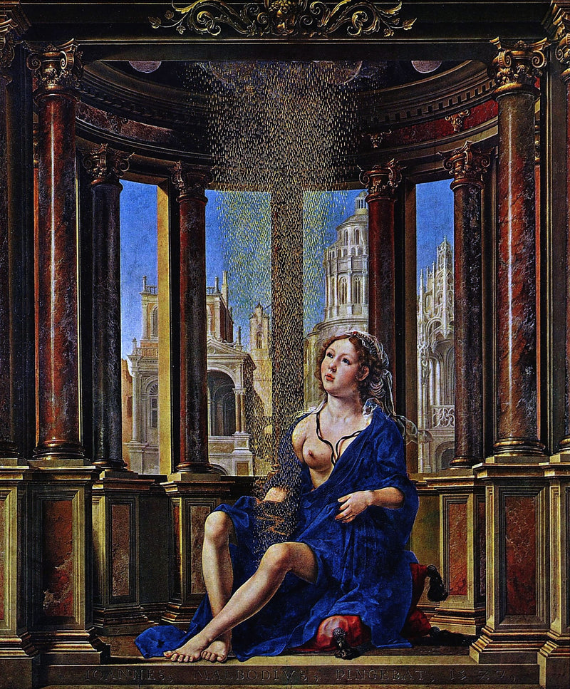 Danaë by Jan Gossaert: a young woman in a blue robe sits in a round hall of columns as golden dust falls