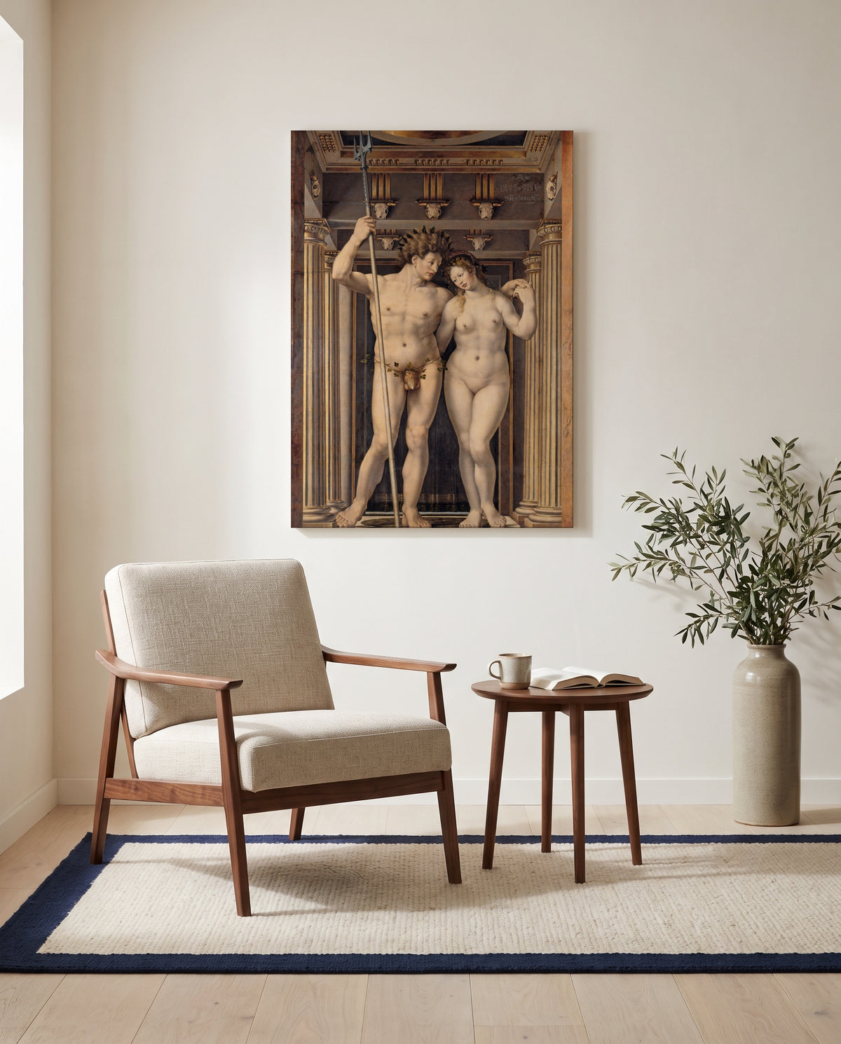 Neptune and Amphitrite by Jan Gossaert as a stretched canvas above a linen lounge chair in a reading corner