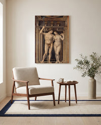 Neptune and Amphitrite by Jan Gossaert as a stretched canvas above a linen lounge chair in a reading corner