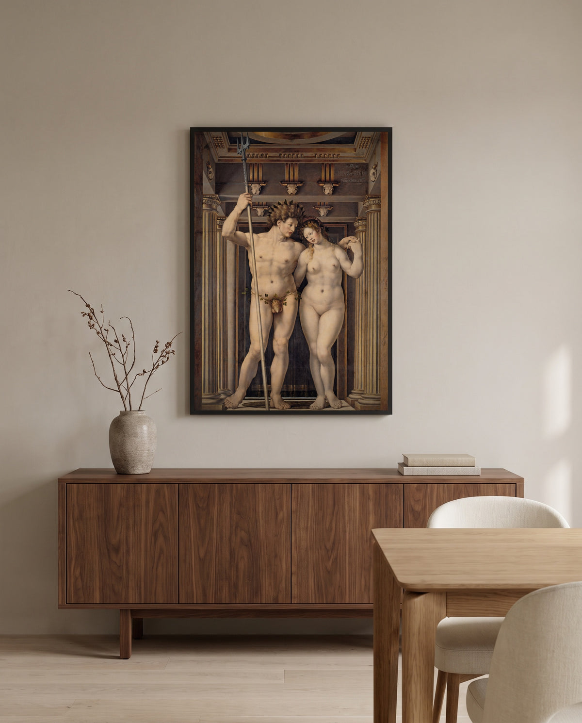 Neptune and Amphitrite by Jan Gossaert in a black frame above a walnut sideboard in a dining room