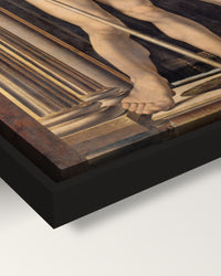 Neptune and Amphitrite by Jan Gossaert framed canvas, corner close-up: black floating frame, painted edge in the shadow gap